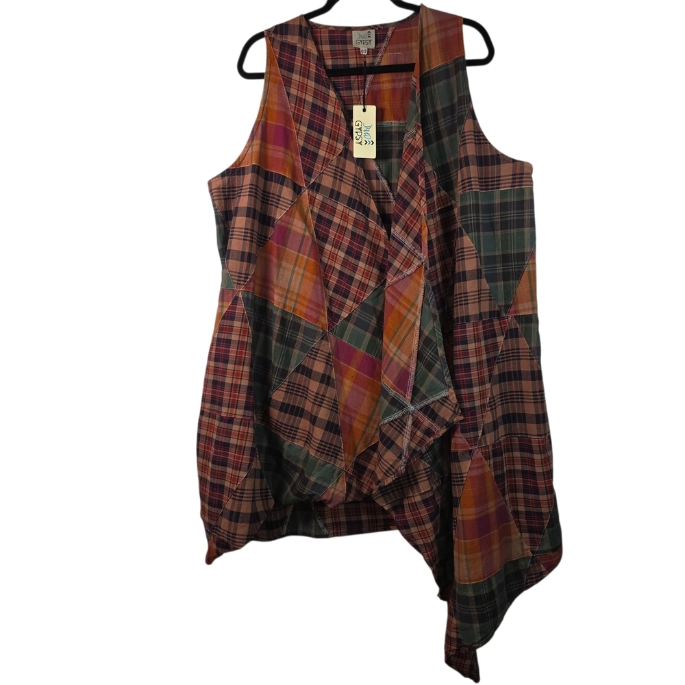 Jaded Gypsy Look Of Love Patchwork Plaid Vest One Size Asymmetrical Boho Cotton - Picture 2 of 14